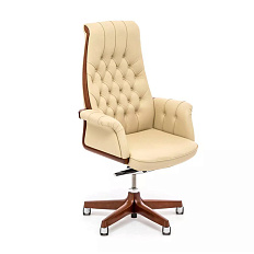 OPERA/A  Кресло кожа, крестовина дерево обивка бежевый, каркас темный орех