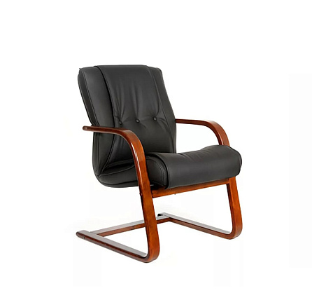 653V Кресло кожа+к/з, полозья дерево обивка черный, каркас орех, 06042107
