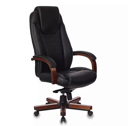 T-9923WALNUT Кресло кожа+к/з,крест.металл/дерево обивка черный black,каркас темный орех,ID 1115302